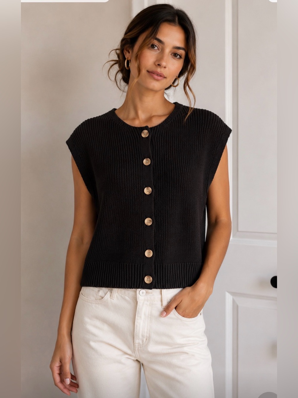 Double Zero Black Sleeveless Button-Up Knit Vest